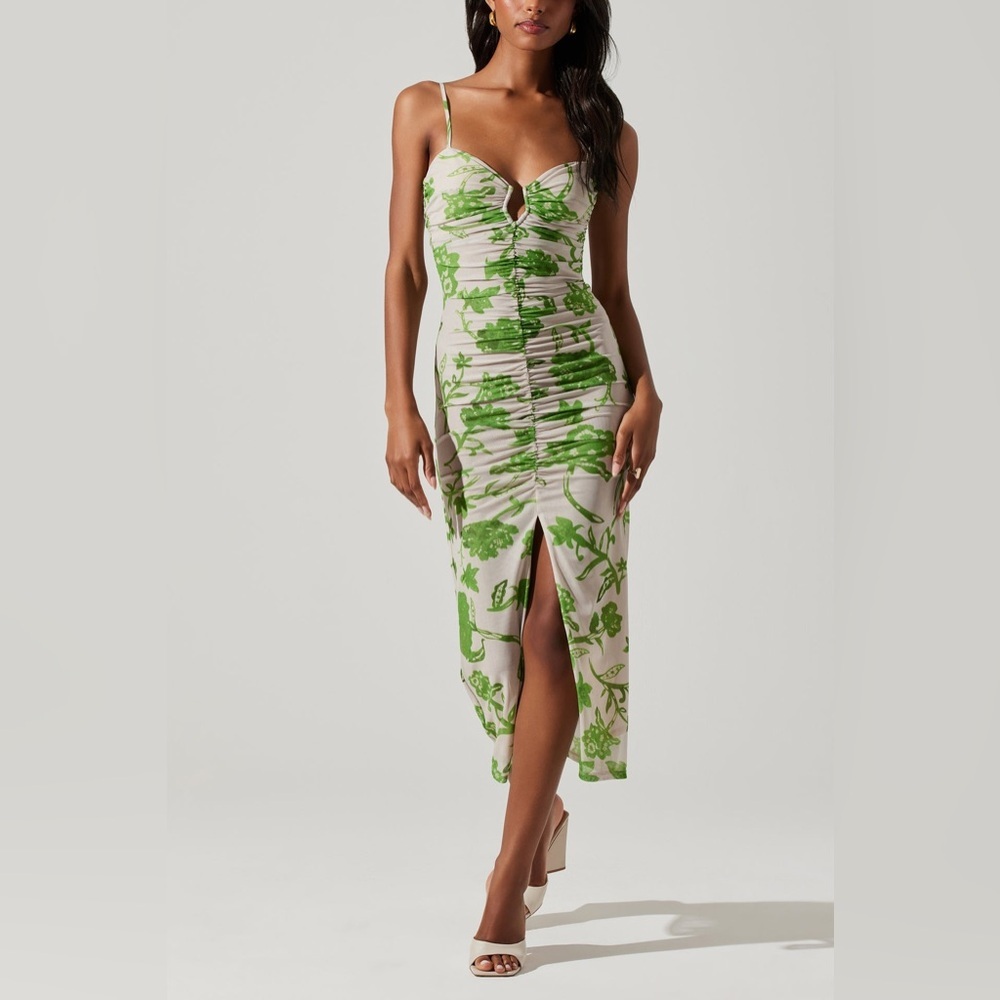 Astr The Label Palmero Green and Beige Floral Midi Bodycon Strappy Dress S Small